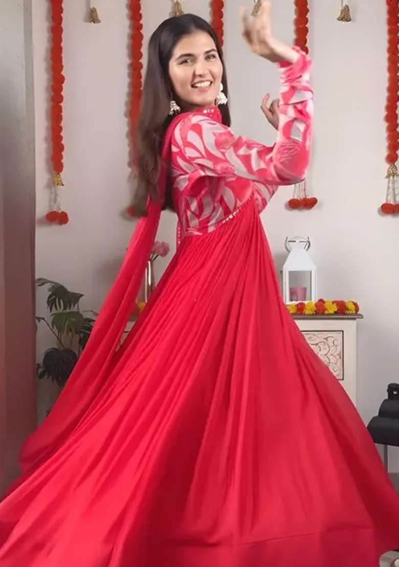 Red Printed Georgette Anarkali Set - Indya