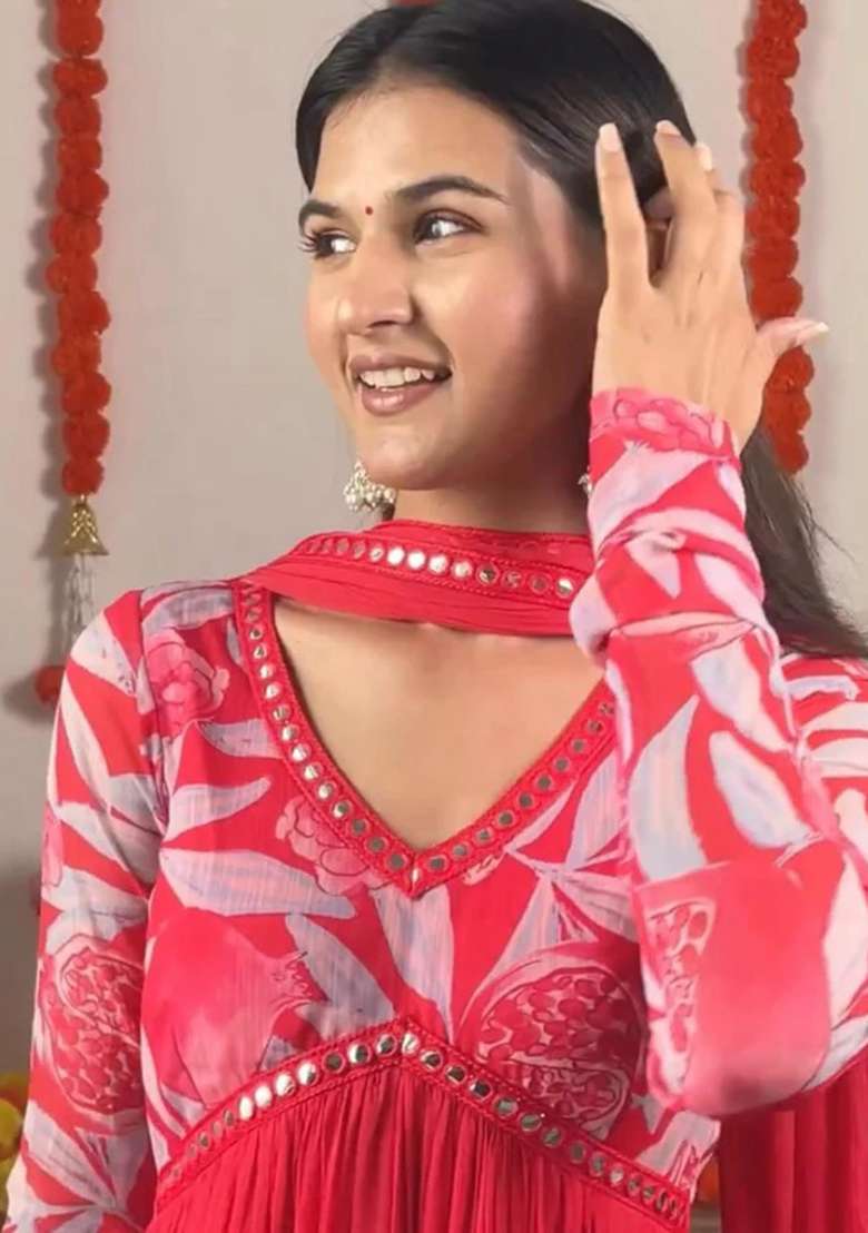 Red Printed Georgette Anarkali Set - Indya