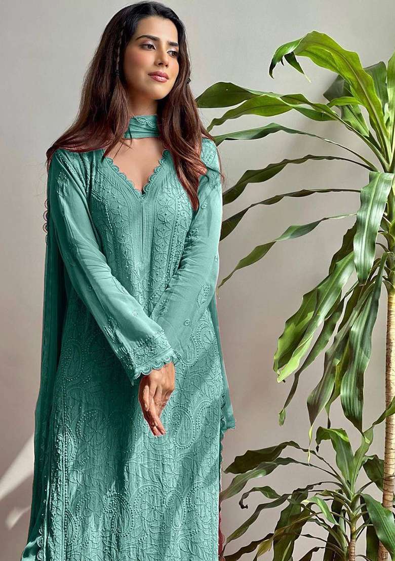 Teal Chikankari Embroidery Work Georgette Kurta Set - Indya