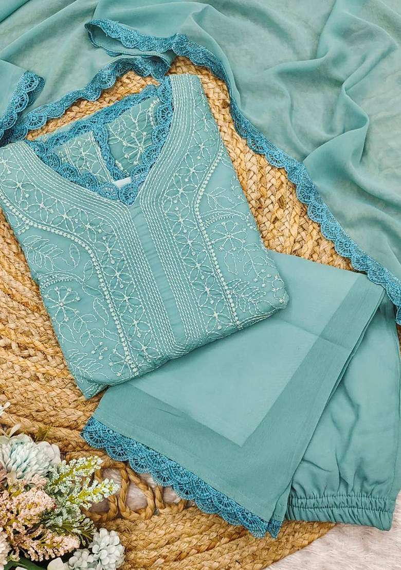 Teal Chikankari Embroidery Work Georgette Kurta Set - Indya