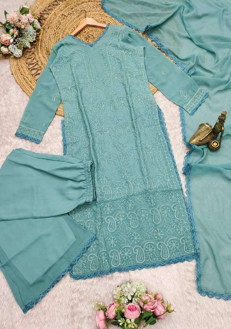 Teal Chikankari Embroidery Work Georgette Kurta Set - Indya