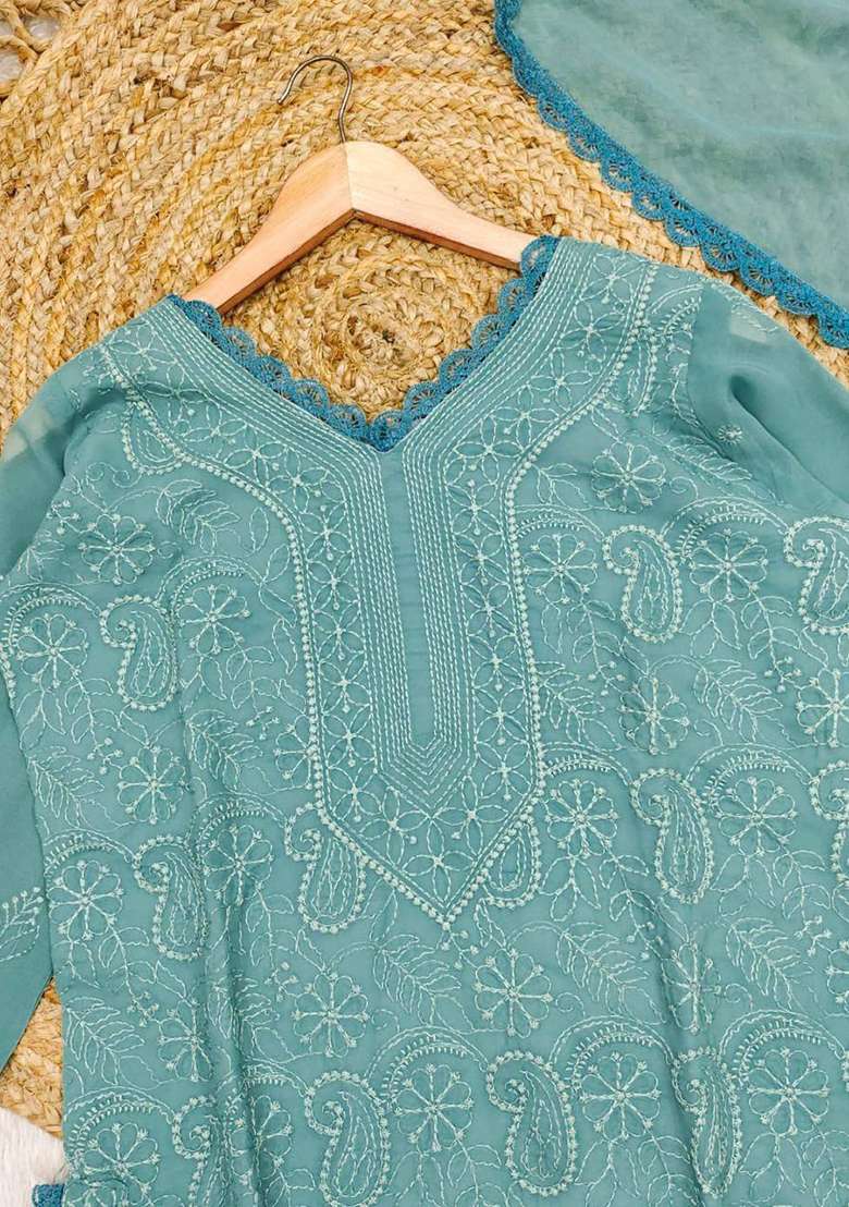 Teal Chikankari Embroidery Work Georgette Kurta Set - Indya