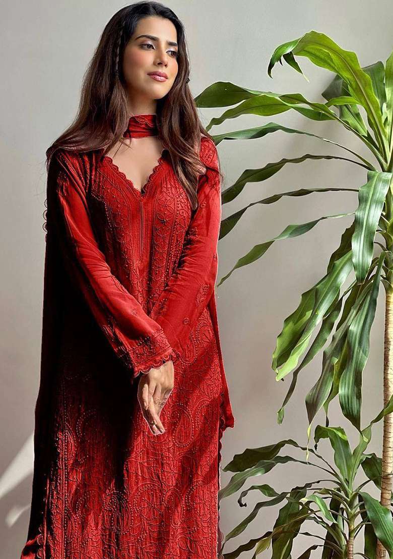 Red Chikankari Embroidery Work Georgette Kurta Set - Indya