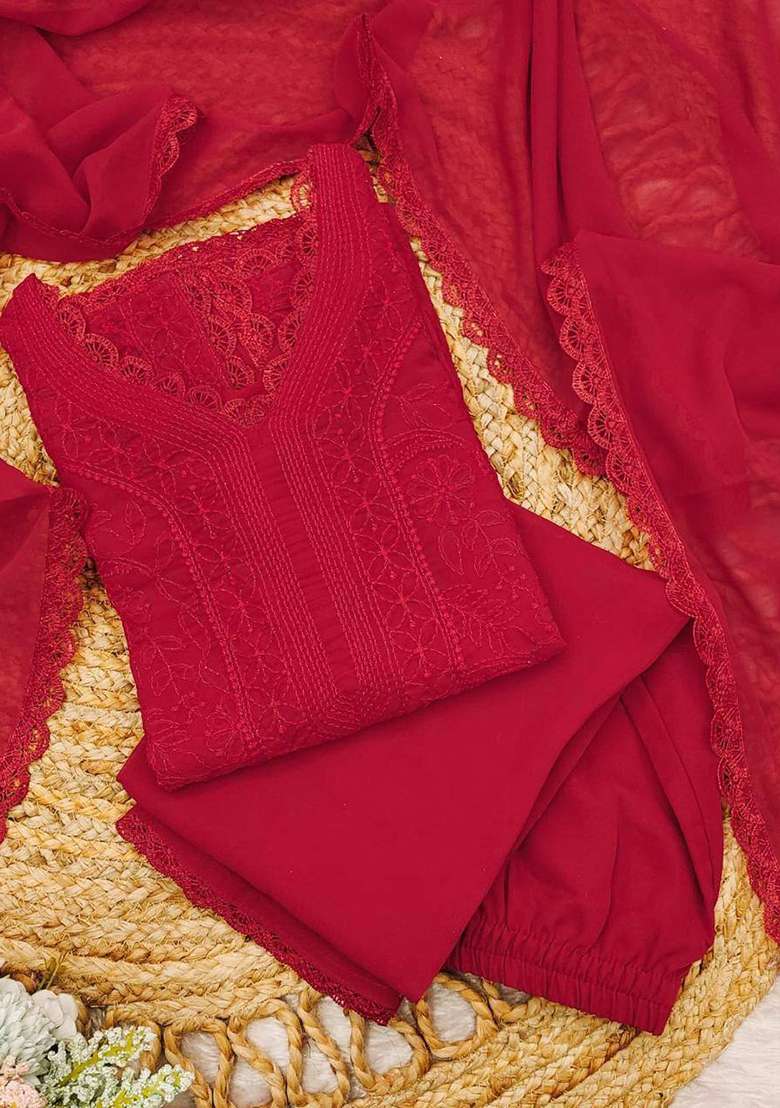 Red Chikankari Embroidery Work Georgette Kurta Set - Indya