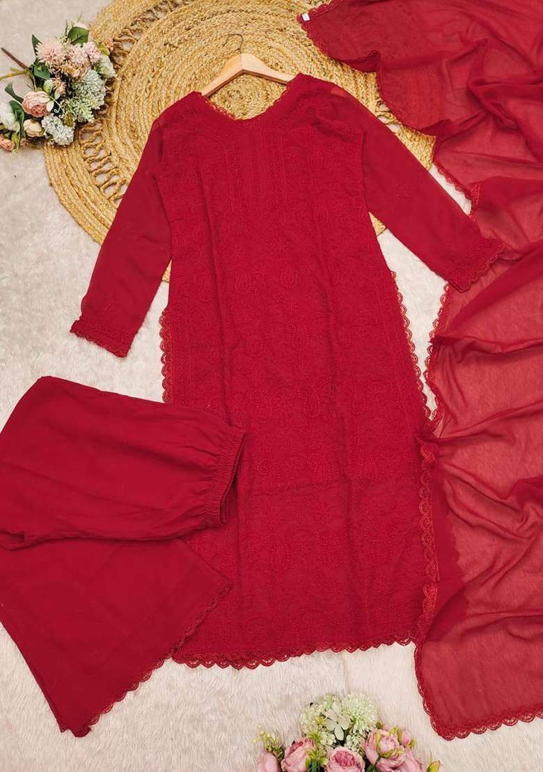Red Chikankari Embroidery Work Georgette Kurta Set - Indya