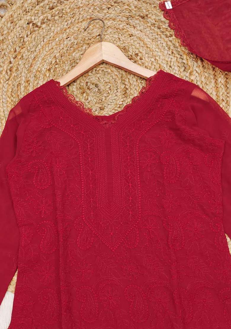 Red Chikankari Embroidery Work Georgette Kurta Set - Indya