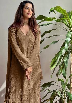 Mehendi Chikankari Embroidery Work Georgette Kurta Set