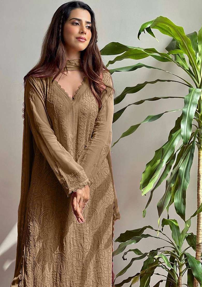 Mehendi Chikankari Embroidery Work Georgette Kurta Set - Indya