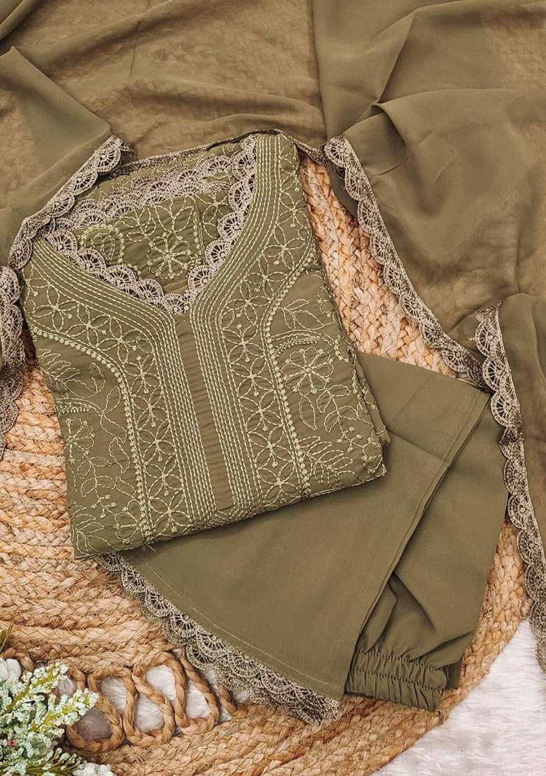 Mehendi Chikankari Embroidery Work Georgette Kurta Set - Indya