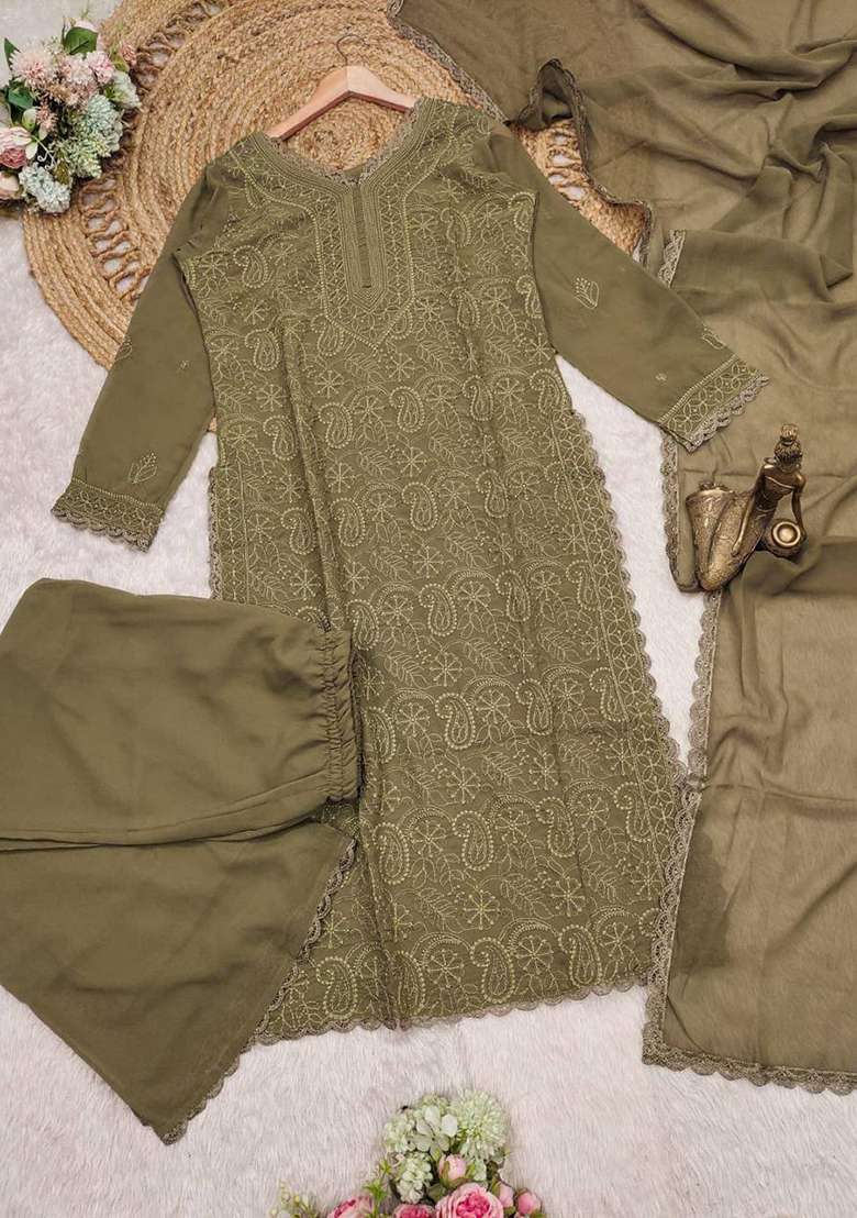 Mehendi Chikankari Embroidery Work Georgette Kurta Set - Indya
