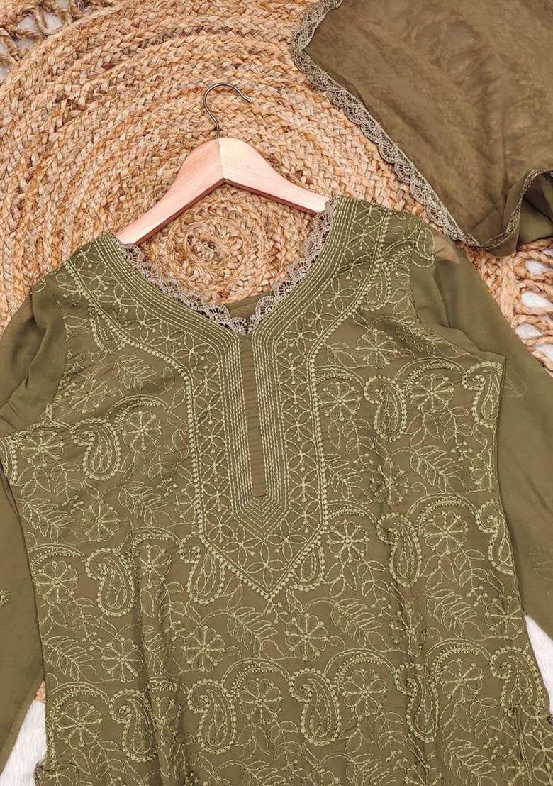 Mehendi Chikankari Embroidery Work Georgette Kurta Set - Indya