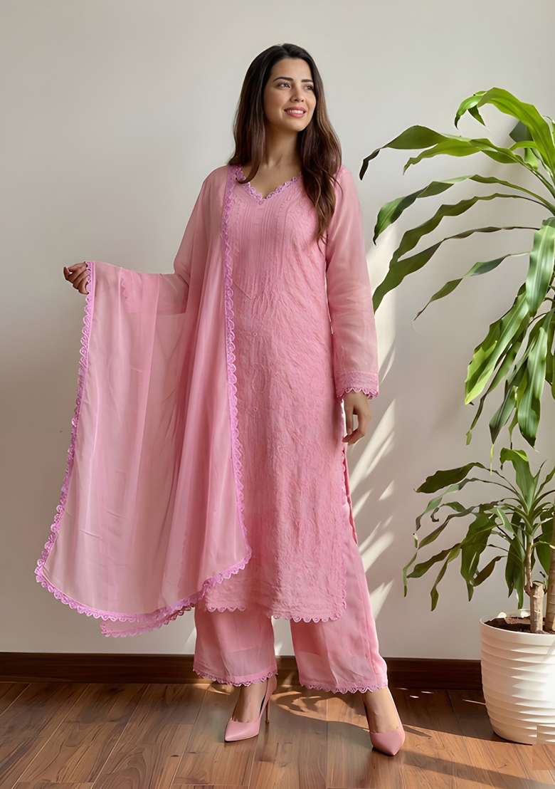 Pink Chikankari Embroidery Work Georgette Kurta Set - Indya