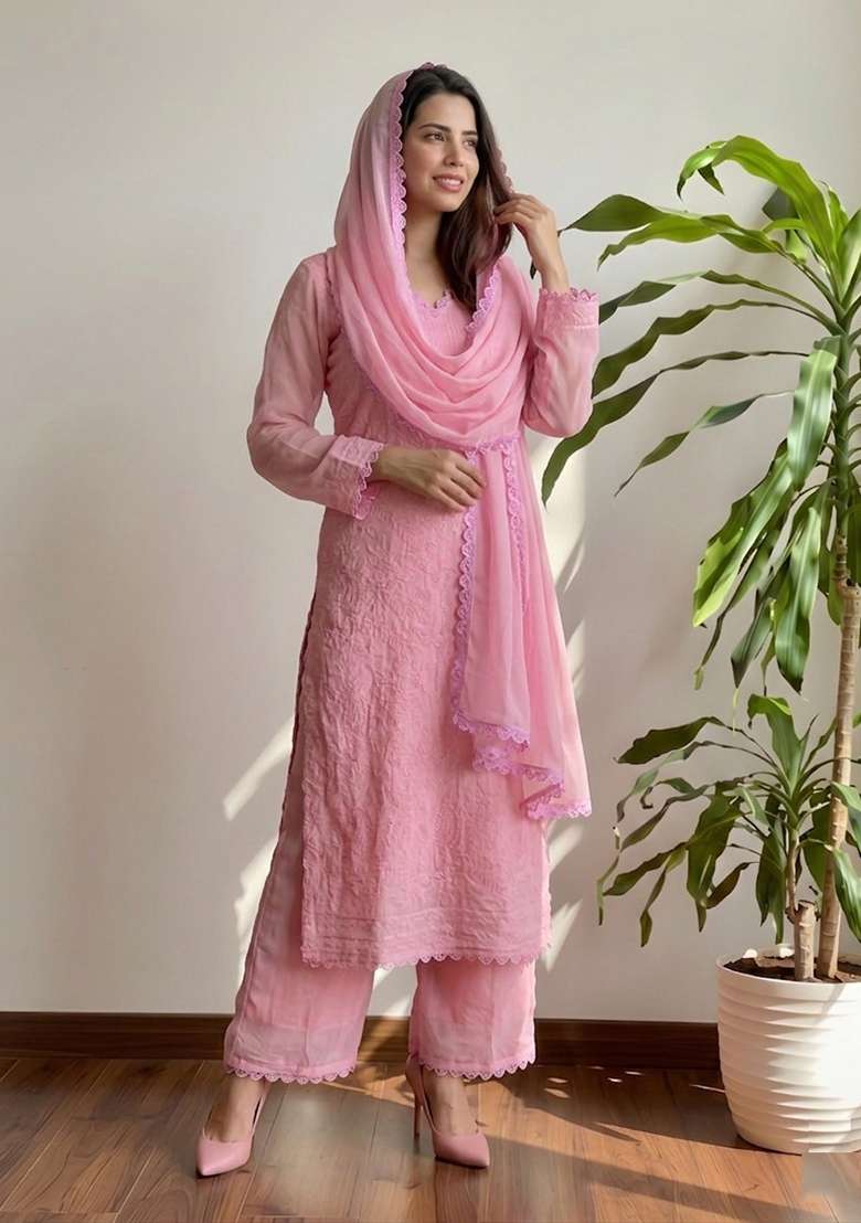Pink Chikankari Embroidery Work Georgette Kurta Set - Indya