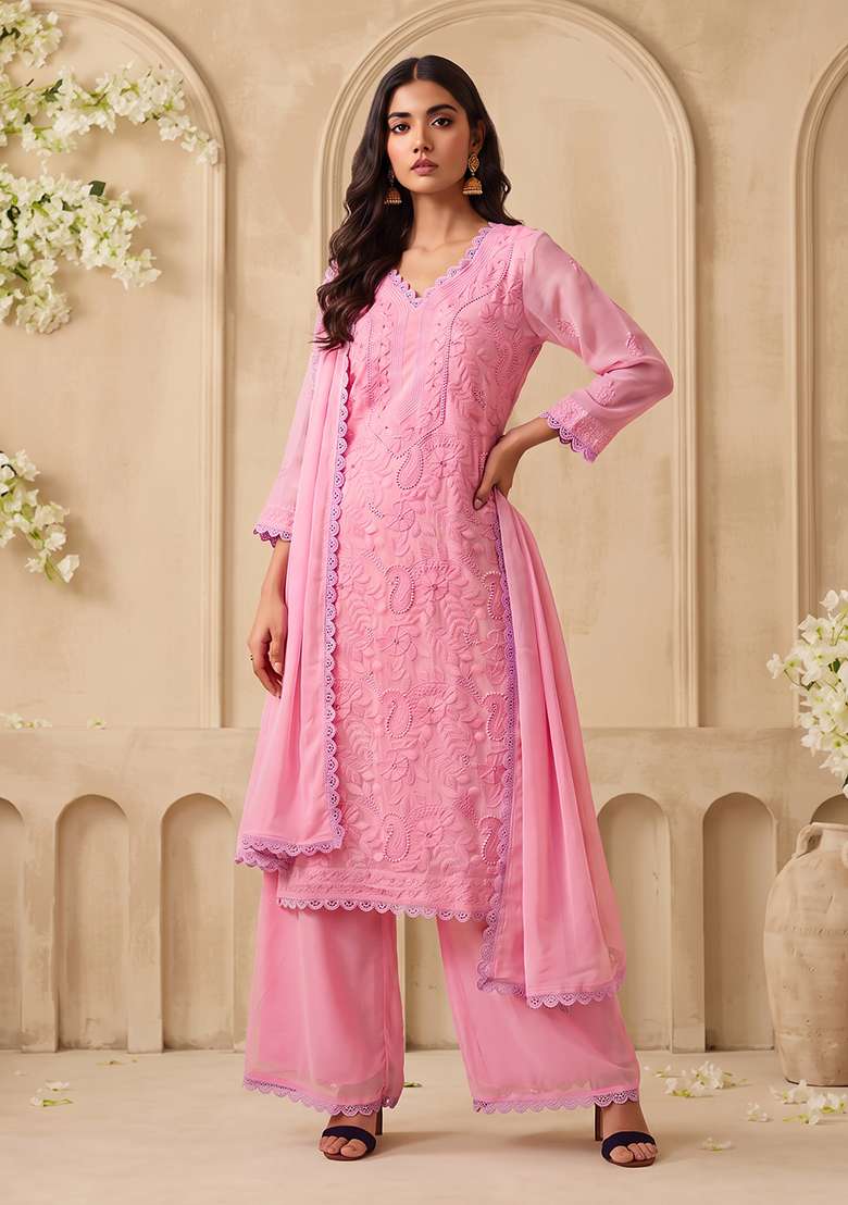 Pink Chikankari Embroidery Work Georgette Kurta Set - Indya