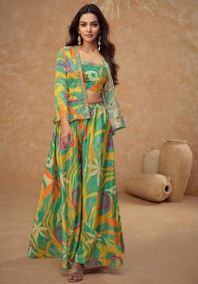 Green Embroidered Printed Chinnon Silk Kurta Set With Jacket