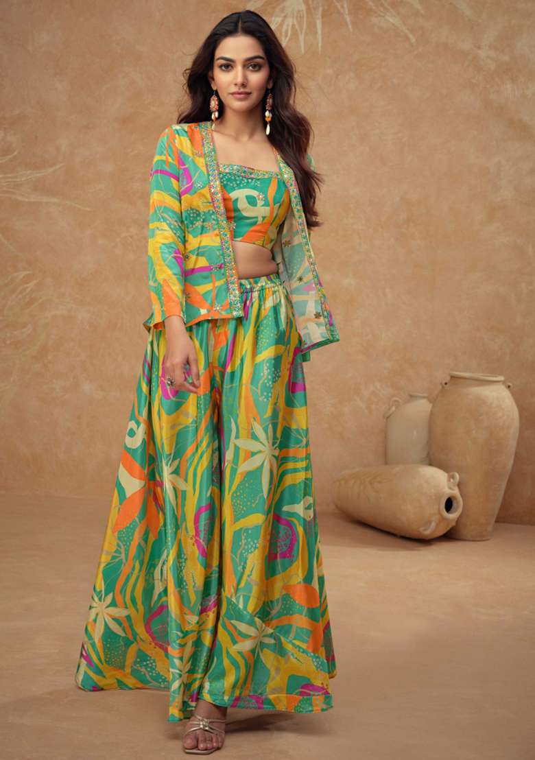 Green Printed Chinon Sharara Set - Indya