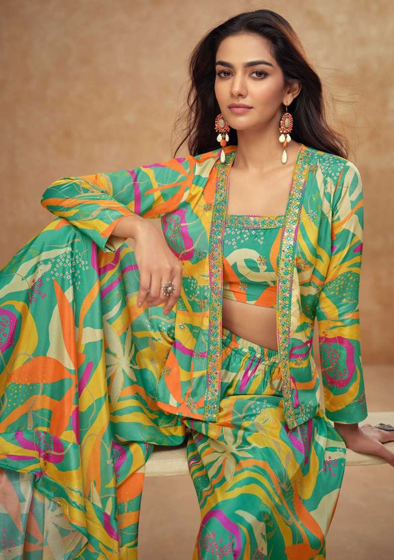 Green Printed Chinon Sharara Set - Indya