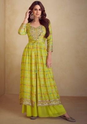 Yellow Embroidered Chinnon Silk Kurta Set With Dupatta