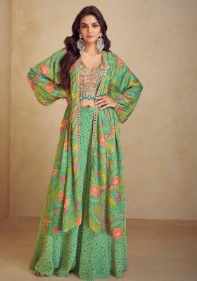 Green Embroidered Chinnon Silk Kurta Set With Jacket