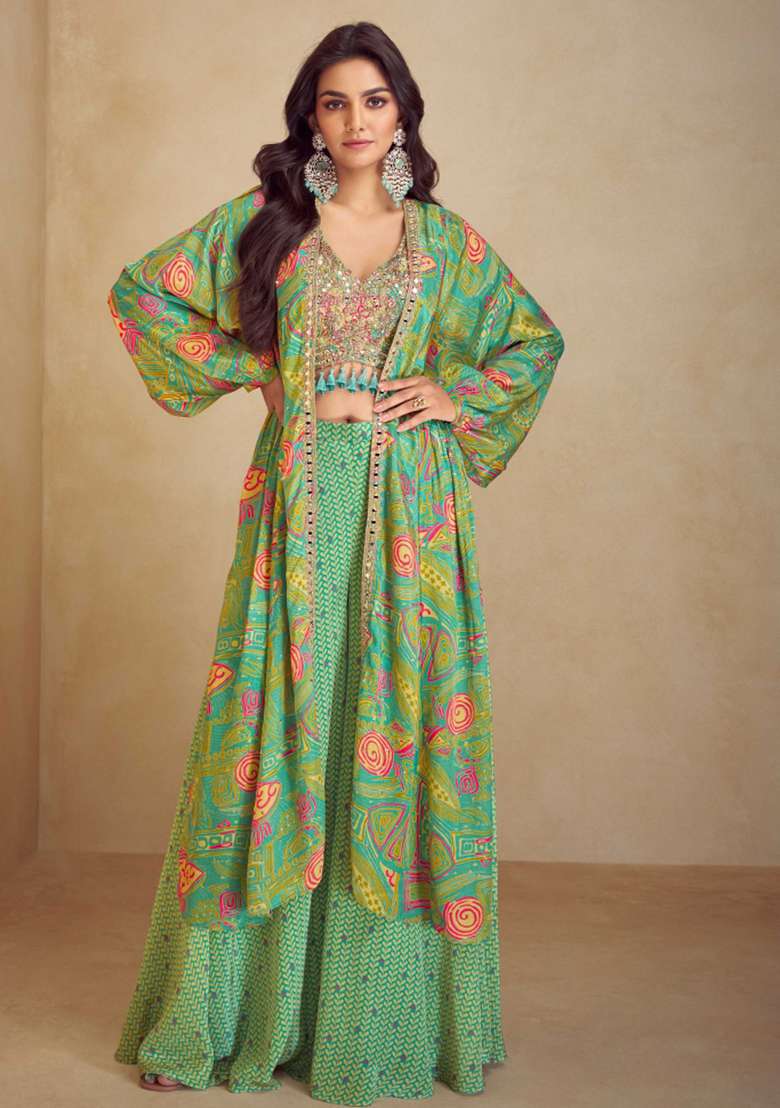 Green Floral Print Silk Blend Sharara Set - Indya