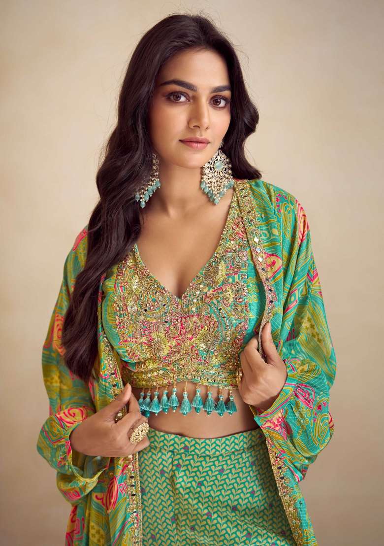 Green Floral Print Silk Blend Sharara Set - Indya