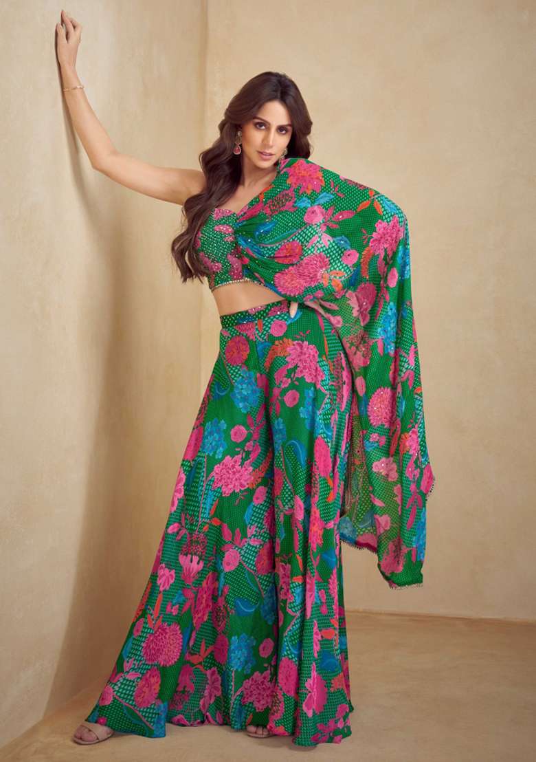 Green Floral Print Chinon Sharara Set - Indya