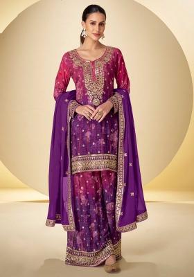 Purple Embroidered Printed Chinnon Silk Kurta Set With Dupatta