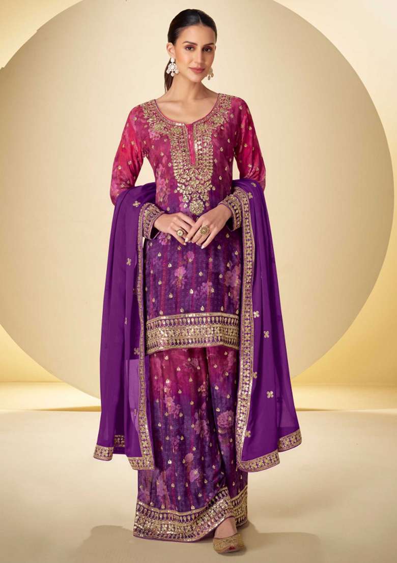 Purple Embroidered Chinon Sharara Set - Indya