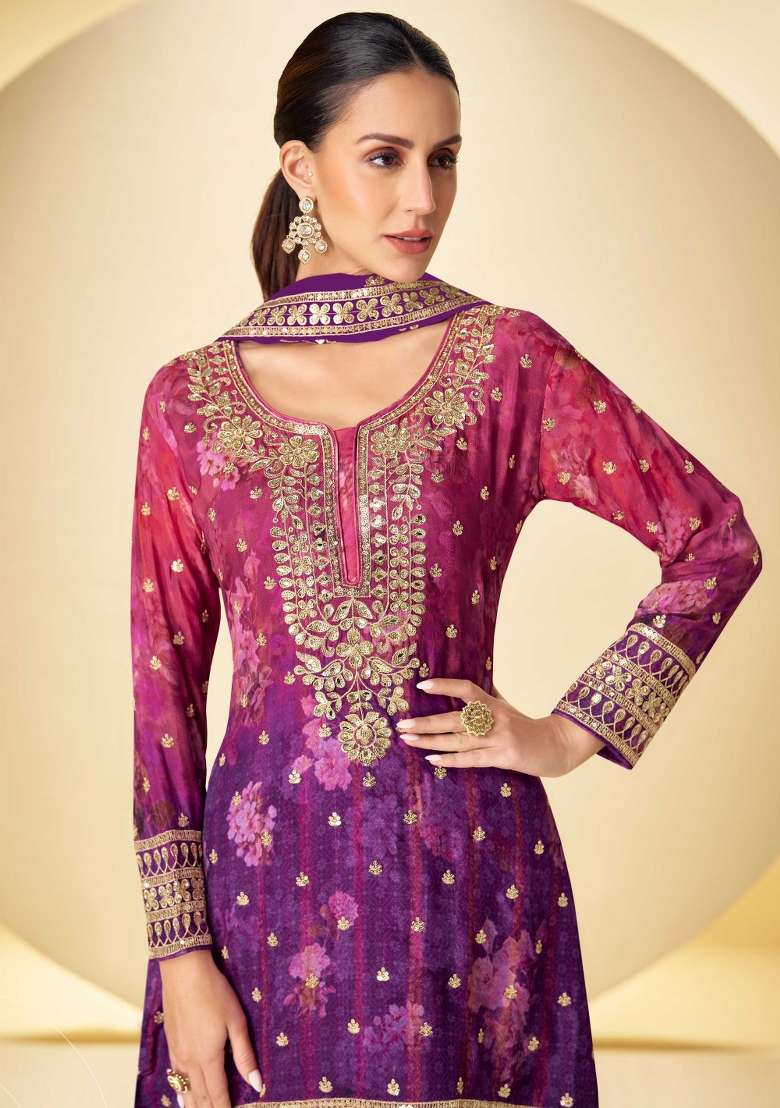 Purple Embroidered Chinon Sharara Set - Indya
