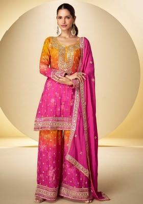 Mustard Pink Embroidered Printed Chinnon Silk Kurta Set With Dupatta