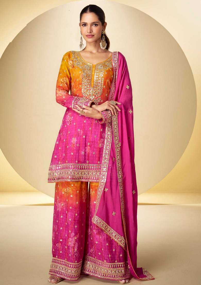 Mustard Pink Embroidered Chinon Sharara Set - Indya