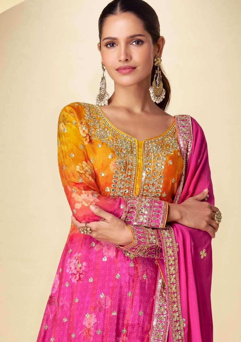 Mustard Pink Embroidered Chinon Sharara Set - Indya