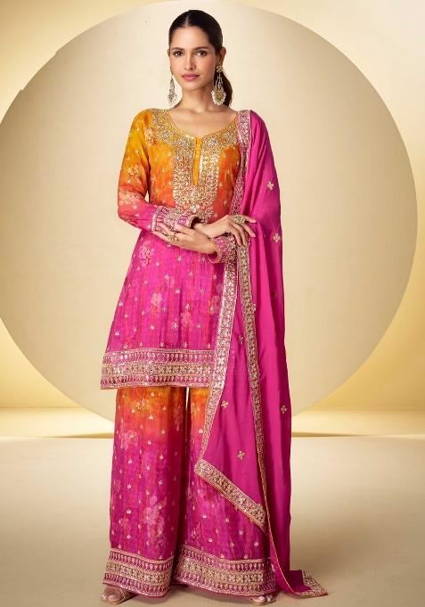 Mustard Pink Embroidered Chinon Sharara Set