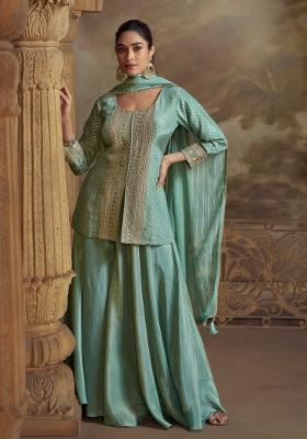 Sea Green Embroidered Viscose Kurta Set With Dupatta
