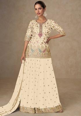 Cream Embroidered Silk Blend Sharara Set