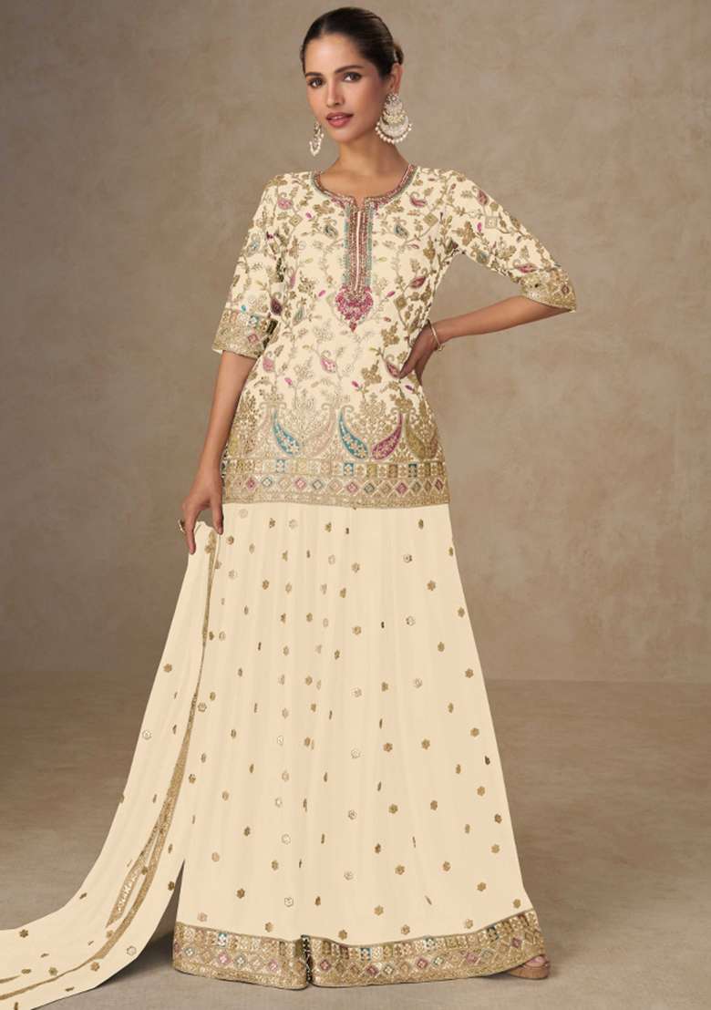 Cream Embroidered Silk Blend Sharara Set - Indya