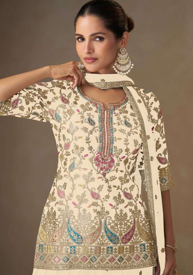 Cream Embroidered Silk Blend Sharara Set - Indya