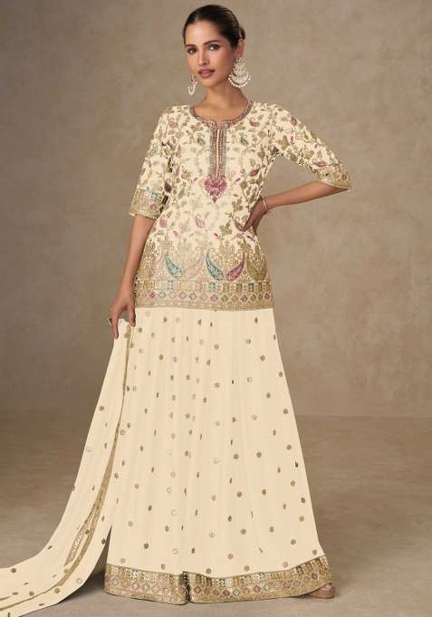 Cream Embroidered Silk Blend Sharara Set