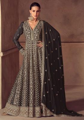 Black Embroidered Chinon Anarkali Set