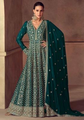 Teal Blue Embroidered Chinon Anarkali Set