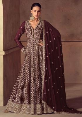 Wine Embroidered Chinon Anarkali Set