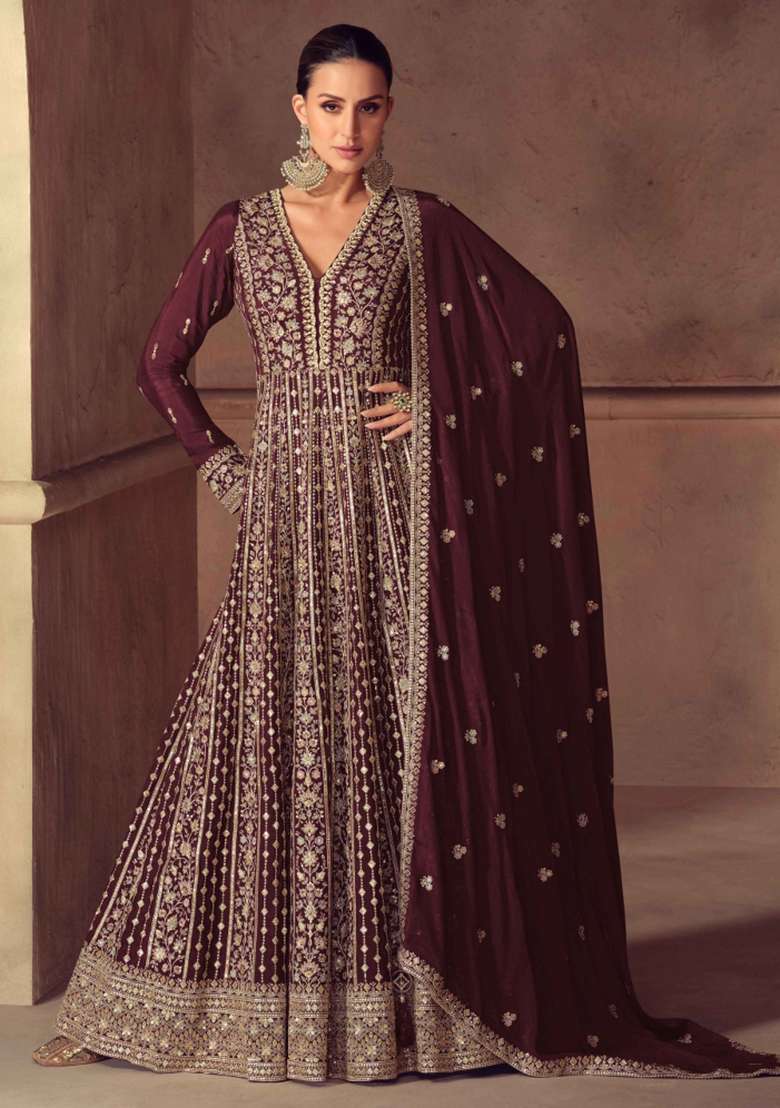 Wine Embroidered Chinon Anarkali Set - Indya