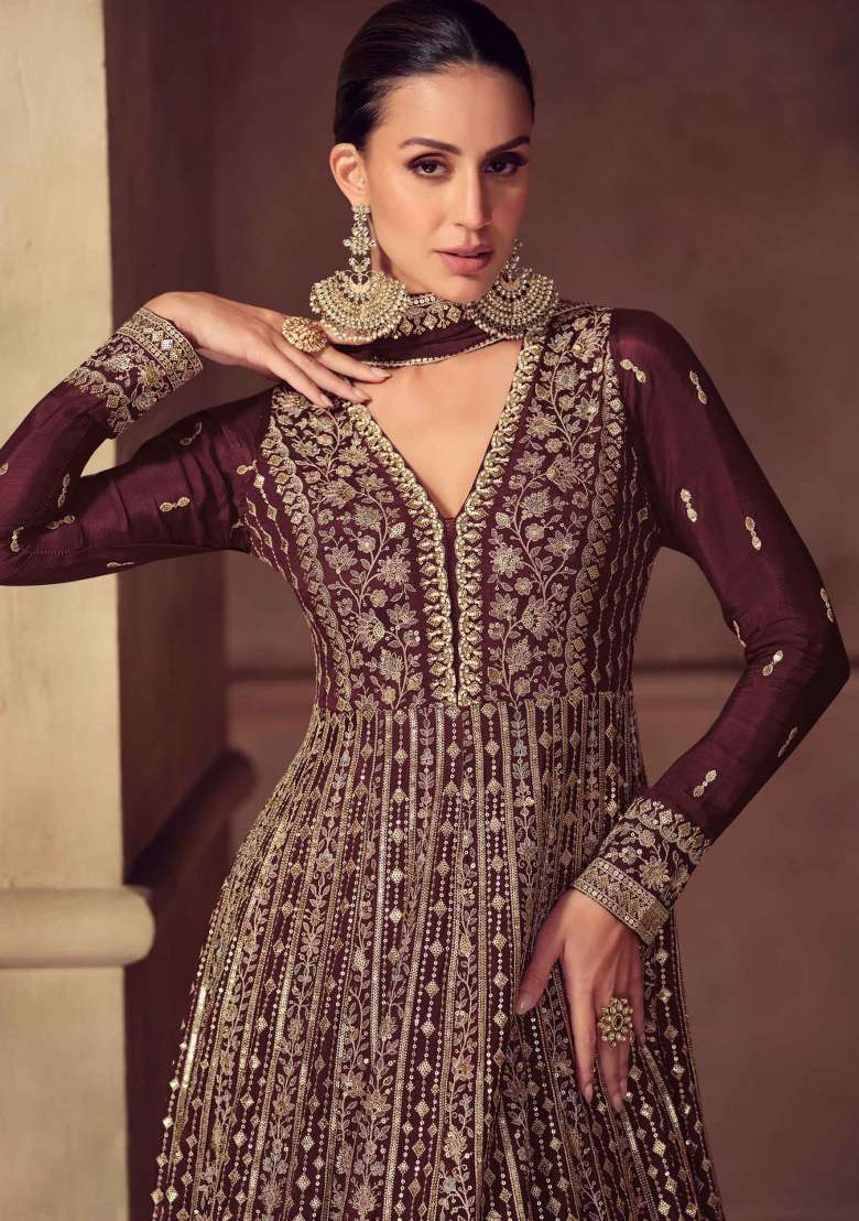Wine Embroidered Chinon Anarkali Set - Indya