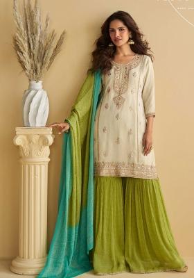 Off White Embroidered Printed Chinnon Kurta Set With Dupatta