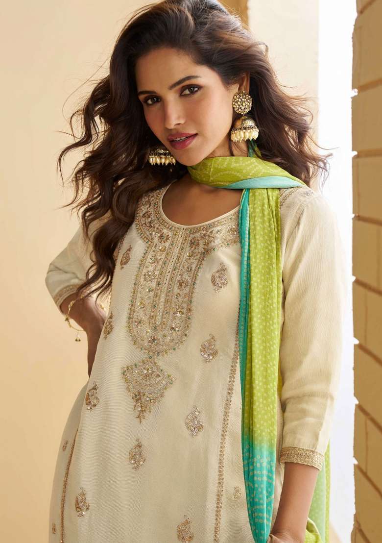 Off White Embroidered Printed Chinnon Kurta Set With Dupatta - Indya