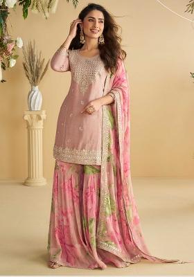 Pink Embroidered Chinon Sharara Set