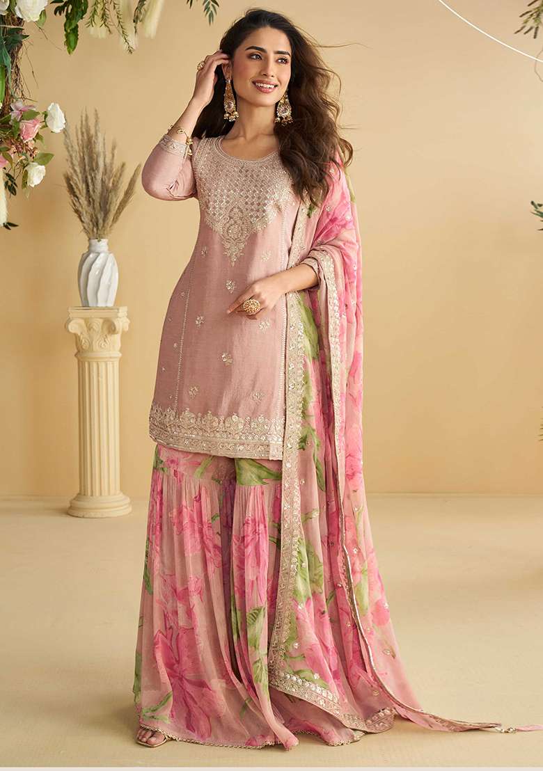 Pink Embroidered Chinon Sharara Set - Indya