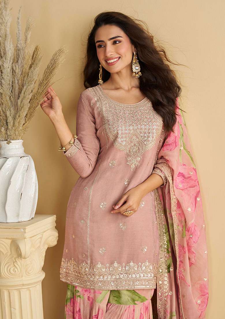 Pink Embroidered Chinon Sharara Set - Indya