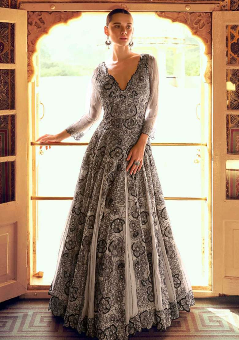 Grey Embroidered Georgette Anarkali Set - Indya