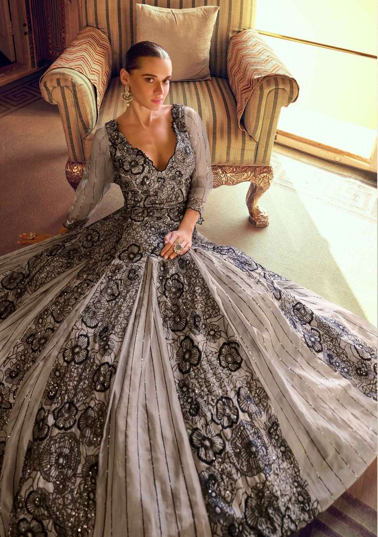 Grey Embroidered Georgette Anarkali Set - Indya